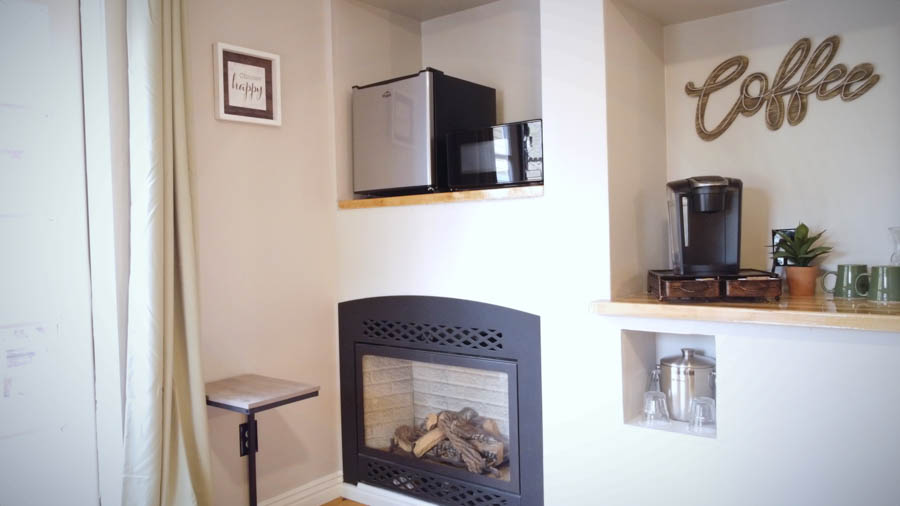 guestroom with fireplace, micro, coffee bar